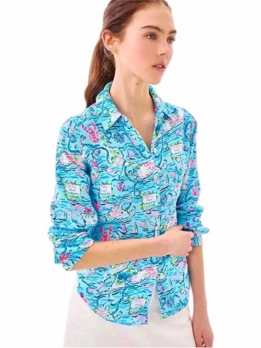 Lilly Pulitzer sea view button down sea coast linen cape cod XS NEW